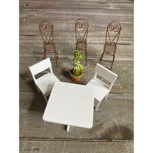 Dollhouse Miniature White Table 2 Chairs Potted Lucky Bamboo‎ Plant Metal Chairs
